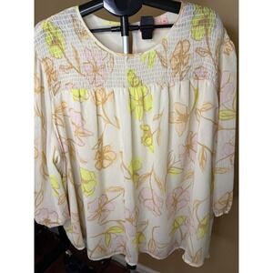 EVRI Womens 4X Floral Smocked Yoke Blouse Cream Yellow Pink 3/4 Sleeve Top